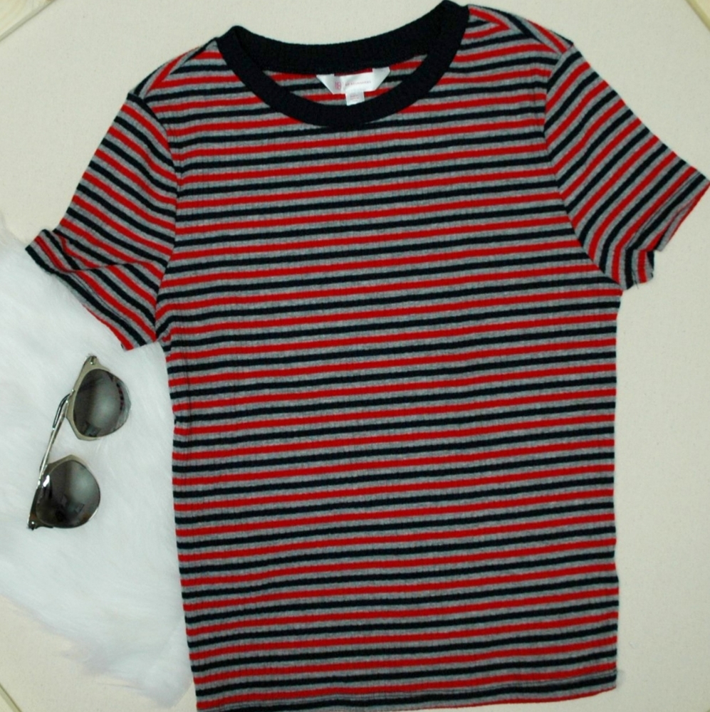 Red, Gray & Navy blue Striped Ribbed Fitted T-Shir